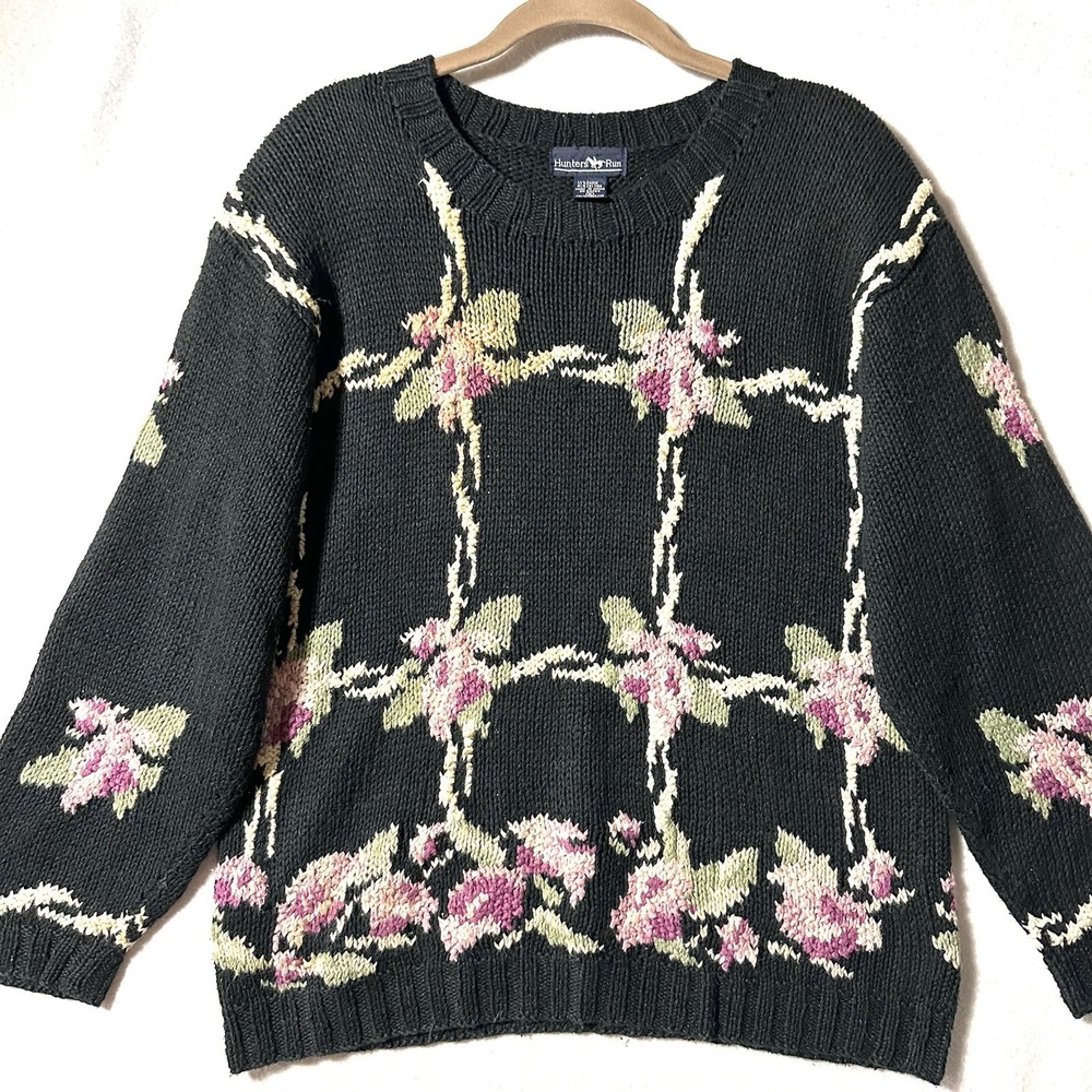 Vintage 90s Hand‎ Knit Floral Sweater S Small Hunters Run Black Pink